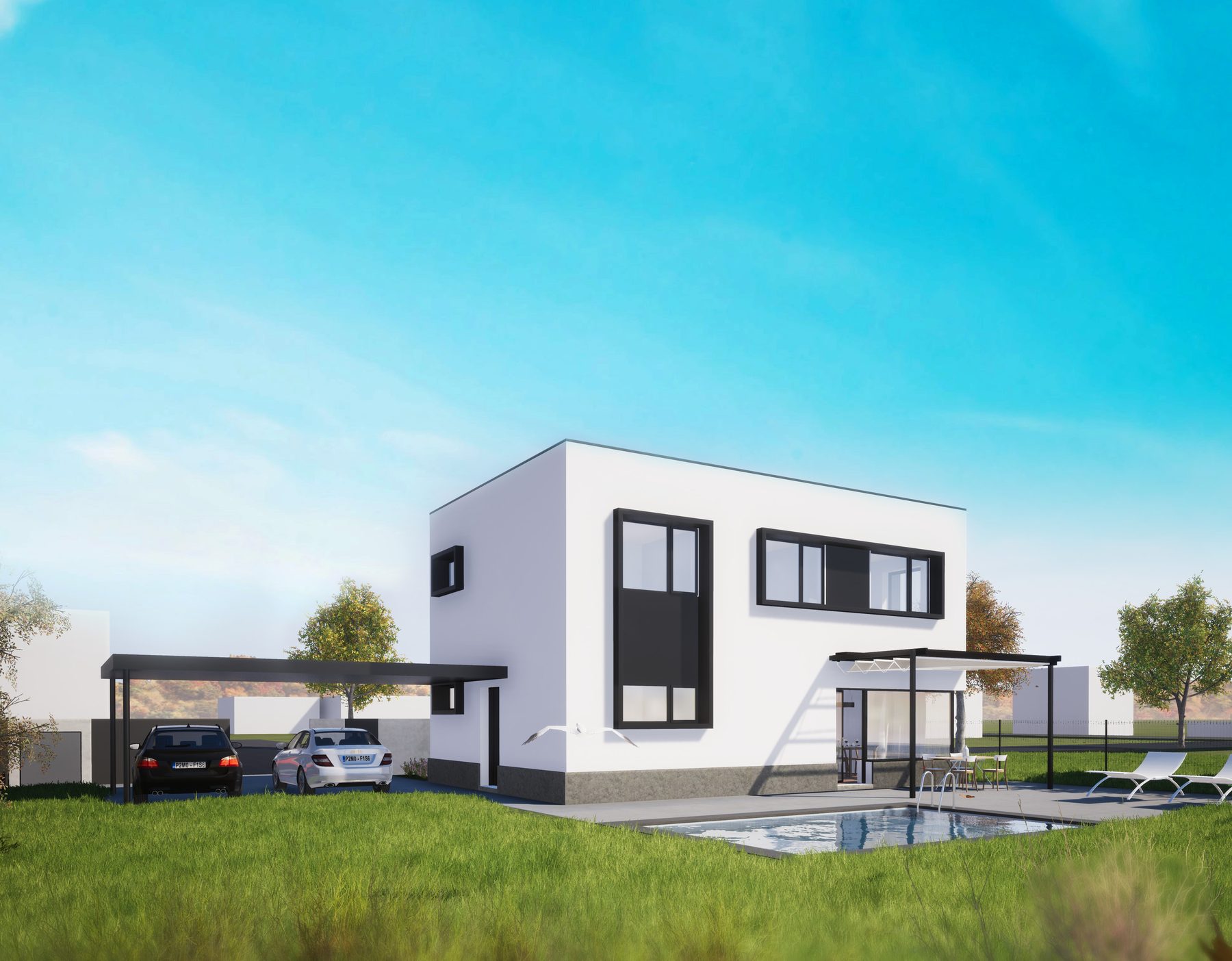Moderní pasivní rodinný dům postavený systémem ALPH s bazénem a zahradou
